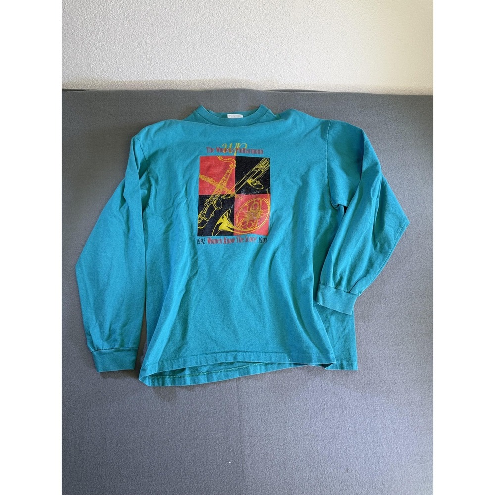 Vintage Hanes Shirt Mens Large Blue Womens Philharmonic Long Sleeve 1992 Graphic